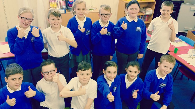 Year 6 give Browney the thumbs up